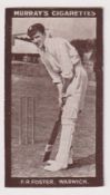 Cigarette card, Murray's, Cricketers (Series H, Brown front), type card, F.R. Foster, Warwick (gd/