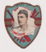 Trade card, Baines, shield shaped cricket card 'Play Up Yorkshire' with A. Sellers inset (small edge
