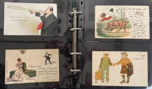 Postcards, a modern album containing 130 early 20thC comic cards, artists include Thorpe, Cynicus,