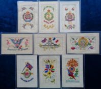 Postcards, Silks, a military collection of 9 embroidered silk cards inc. unusual 'Souvenir de