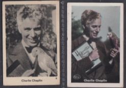 Cigarette cards, Charlie Chaplin, two German type cards both showing Charlie with a parrot,