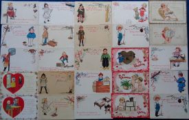 Postcards, E Curtis, 124 signed Tuck cards to include children, comic, Valentine, anthropomorphic (