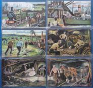 Postcards, Mining, a set of 6 cards illustrated by H Fleury inc. shipping coal Cardiff Docks with