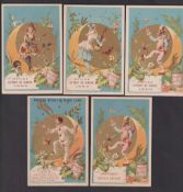 Trade cards, Liebig, Harlequin Costumes in Quarter Moon, Blue background, ref. S148A, five different