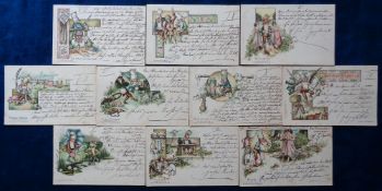 Postcards, Gnomes, a set of 10 Gnome Postcards published by H Schick, all postally used 1898 (some
