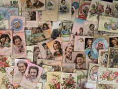 Postcards, Hand Decorated and Novelty, 100+ cards to include hand painted, ribbons, glitter