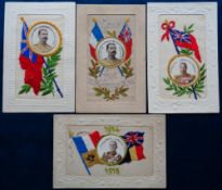 Postcards, Military silks, a selection of 4 embroidered silks all with circular portrait in