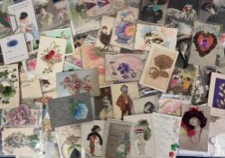 Postcards, Novelty, approx 115 cards to include padded, embossed, materials, feathers, hair, lace,