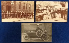 Postcards, 3 cards to comprise a postman riding a Royal Mail tricycle, North Kensington Postmens