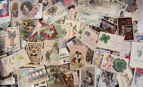 Postcards, Greetings, approx 300 colourful cards to include foil, gilded, embossed, anthropomorphic,