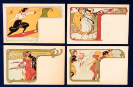 Postcards, Art Nouveau, Sport, 4 cards by Victor Mignot showing rowing, cycling, fencing and