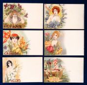 Postcards, Art Deco Glamour, 6 cards by Jack Abeille (1899) to comprise L'Oeillet (237), Le Lys (