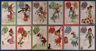 Postcards, Months of the Year by Dwig (Clare Victor Dwiggins), Tucks Zodiac Valentines cards