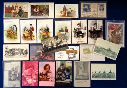 Postcards, Sewing Machines, 21 cards RPs, printed and artist drawn to include sewing class, Bisola &