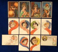 Postcards, Art Deco/Art Nouveau, 12 cards to include Bourrillon (6), Camps advertising back cards