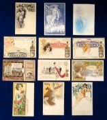 Postcards, Advertising, 12 late 19th/early 20thC cards to include Hotel-Restaurant Schwabenbrau (