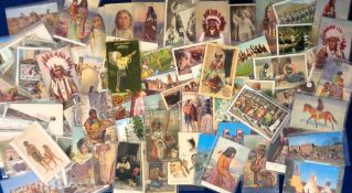 Postcards, Native Americans, approx 100 mixed age cards RPs, printed and artist drawn. Many