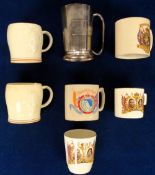 Commemorative Mugs, 7 mugs (4 ceramic one EPNS) all commemorating the 1947 Royal visit to South