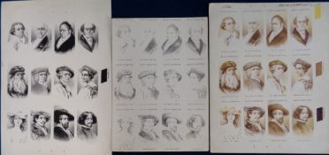 Cigarette card proofs, 3 sheets of cards each with 12 cards, featuring Wills Celebrated Artists (not