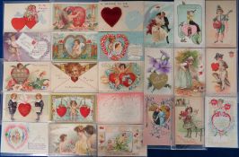Postcards, Valentines, 55 attractive cards to include glitter, embossed, gilded etc. Subjects