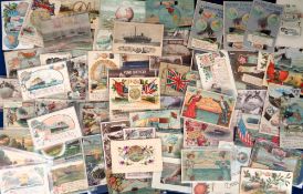 Postcards, Hands Across The Sea, 65+ cards to include silk (1), SS Largs Bay, Bamforth embossed