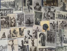 Postcards, Native Peoples, 32 cards to include Guinea tribal hut Exhibition card, A Chinese Water