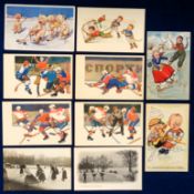 Postcards, Ice Hockey, 10 cards to comprise 1 RP of ladies playing, 1 printed of boys using