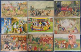 Postcards, Anthropomorphic, 9 cards showing animals having fun at the fair and on the beach to