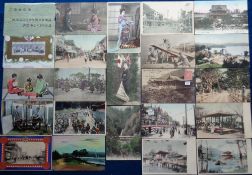 Postcards, Japan, 200+ cards to include temples, workmen and women, festivals, hand-painted,