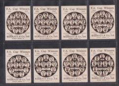 Trade cards, Barratt's, F.A. Cup Winners, 'L' size, 8 cards, nos 1, 9, 12, 23, 33, 34, 36 & 40 (