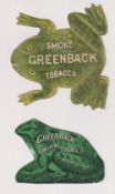 Tobacco advertising, USA, Marburg Bros., two die-cut advertising cards for Greenback Tobacco, each