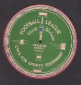 Trade card, Football League First Division Record Card for 1936-37, large mechanical circular issue,