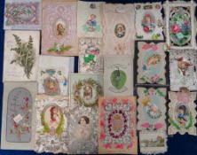 Ephemera, Victorian Valentines cards, approx. 35 cards to include paper lace, decoupage, silk,