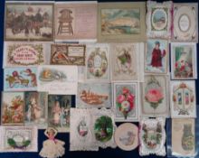 Ephemera, Victorian Greetings Cards, approx. 45 Christmas and birthday cards to include fringed,