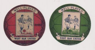 Trade cards, Baines, two circular football cards, both 'Well Played West Ham', one red, one green (