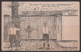 Football postcard, Bury FC, artist drawn b/w card showing two players holding the FA Cup, Gigg Lane,