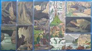 Postcards, E.E. Schlatter, 18 artist drawn cards showing waterfalls, caves, lake, monk etc (vg)