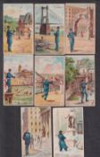 Cigarette cards, USA, Buchner, American Scenes with a Policeman, 'X' size, 95mm x 57mm, eight cards,