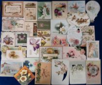 Ephemera, greetings cards, a collection of 60 mostly late Victorian cards to include Christmas,