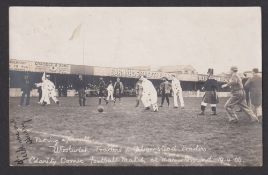Football postcard, Woolwich Traders v Plumstead Traders, Charity Comic Football Match played at