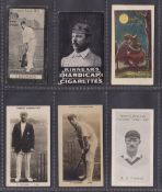 Cigarette cards, six scarcer cards, all cricket related; Clarke's Cricketer no.13 (light crease),