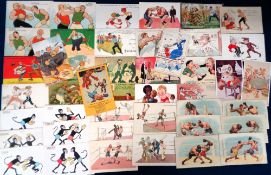 Boxing postcards, a collection 45 artist drawn comic boxing postcards, three sets of six noted one