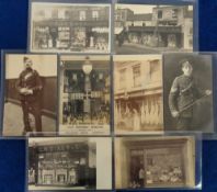 Postcards, Shop Fronts, a selection of 8 RPs inc. fire at Ashford Co-op, Young Greengrocer and