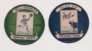 Trade cards, Baines, two circular football cards, 'Play Up Swansea Town' & 'Well Dribbled Newport