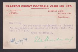 Football postcard, Clapton Orient FC, a pre-printed card asking recipient to accept appointment as