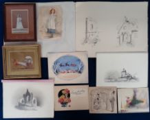 Artwork, a selection of items to include 3 Starr Wood signed pencil and ink cartoon proofs, Ali