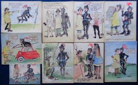 Artwork, 24 pen and ink cartoons by 'Black Knight' in the form of comic postcards and sent to an