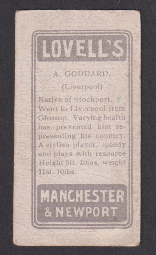 Trade card, G.F. Lovell & Co, Football Series, type card, A. Goddard, Liverpool (slightly marked, - Image 2 of 2