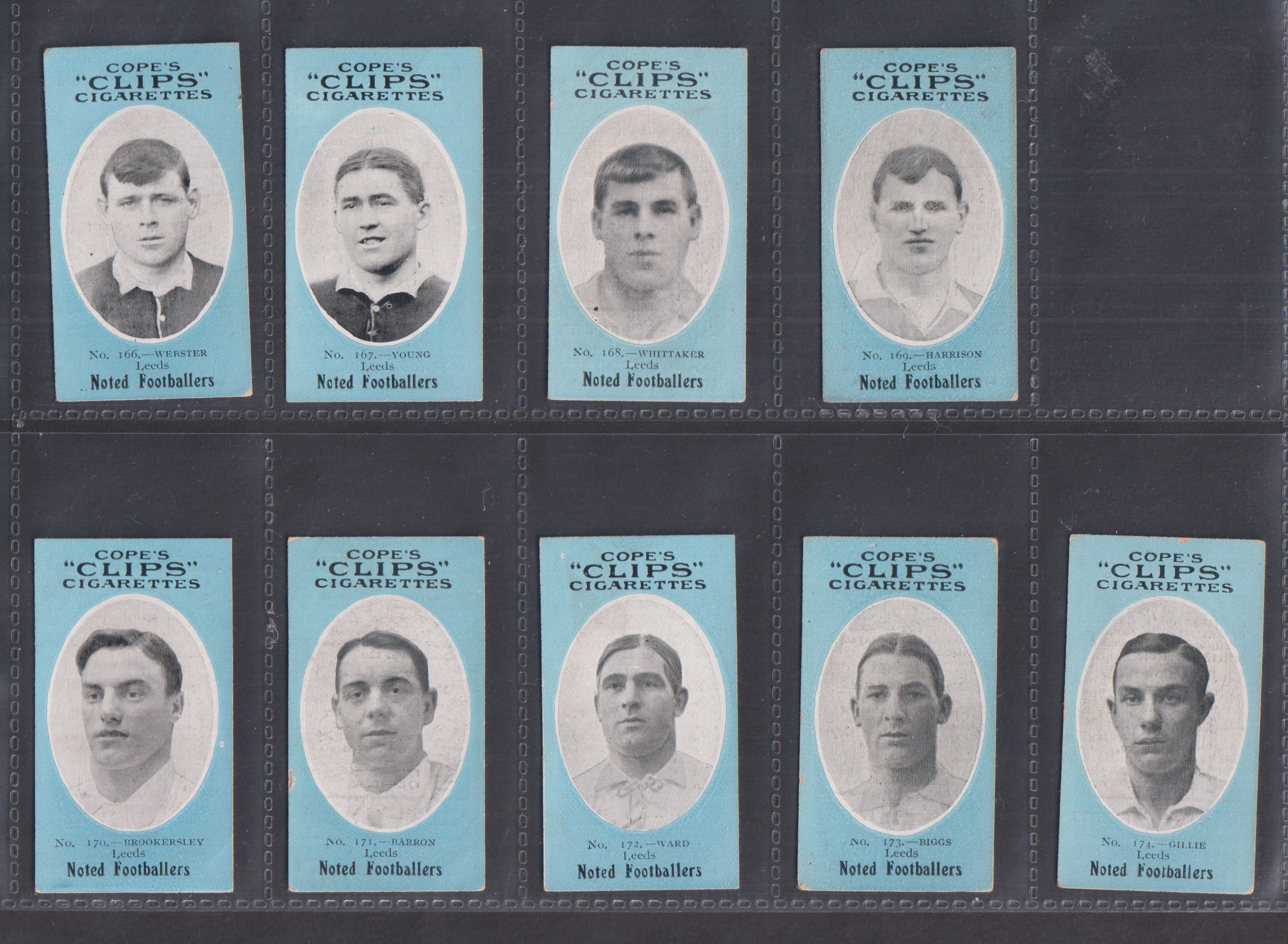 Cigarette cards, Cope's, Noted Footballers (Clips, 500 subjects), Leeds Utd, 9 cards, nos 166,