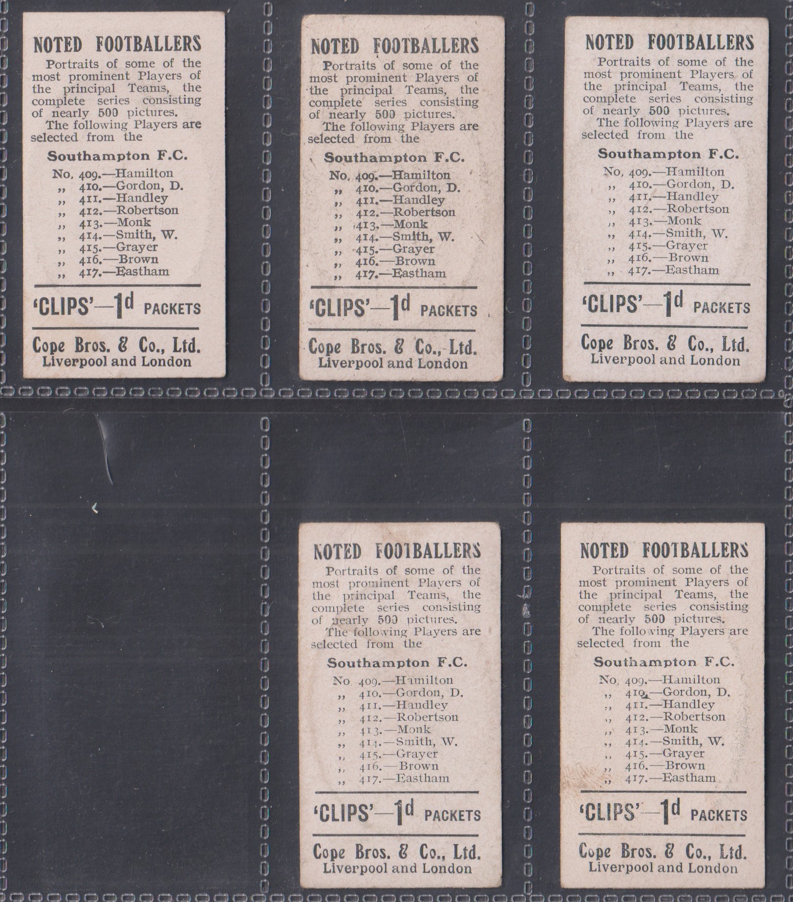 Cigarette cards, Cope's, Noted Footballers (Clips, 500 subjects), Southampton, 5 cards, nos 409, - Image 2 of 2